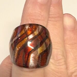 Chunky Swirl Statement Glass Ring Amber Brown Orange Gold Tone Vintage 6 3/4